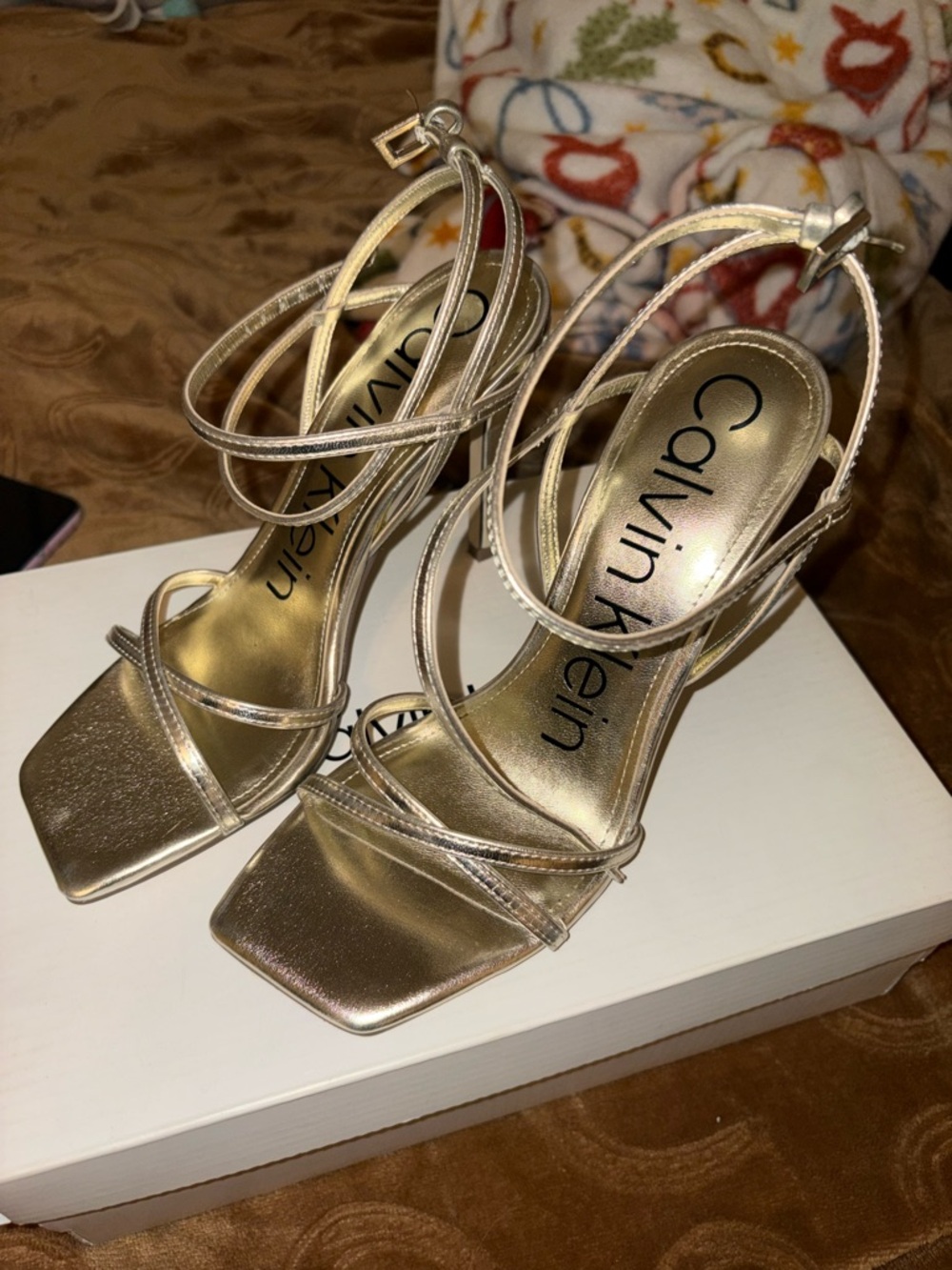Calvin Klein Metallic Gold Strappy Square-Toe Heels
